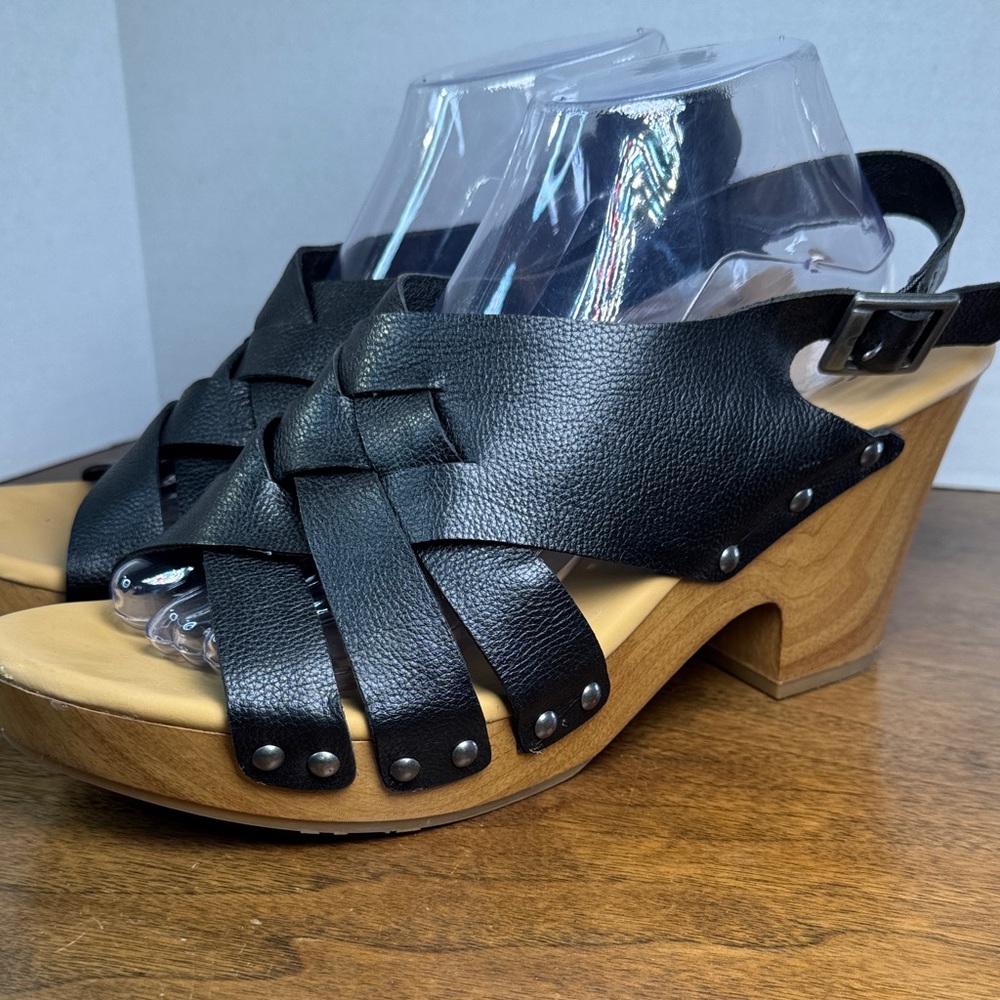 Korks Berengo Womens Black Leather Strappy Wood Block Chunky Heel Sandals, sz 11